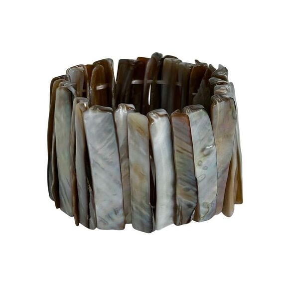 Lot Of 2 Vtg MOP Abalone Seashell Bracelet Silver-tone & Multicolor Dyed Stretch - Picture 3 of 7